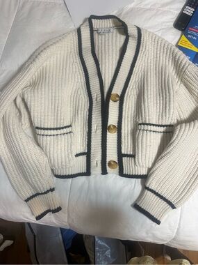 HYFVE Ivory Ribbed Cardigan with Black Trim
